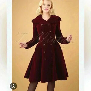 COLLECTIF 50s Heather Hooded
Quilted Velvet Coat Wine Lined Fit & Flare Coat XL
